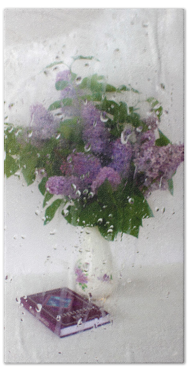 Lilac Bath Towel featuring the photograph Lilac Poems. Behind the Rainy Window by Victor Kovchin