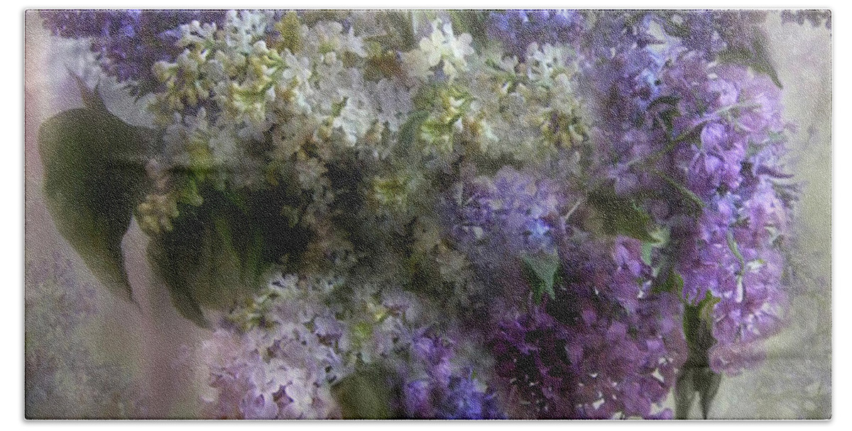 Lilacs Hand Towel featuring the mixed media Lilacs Of Love by Carol Cavalaris