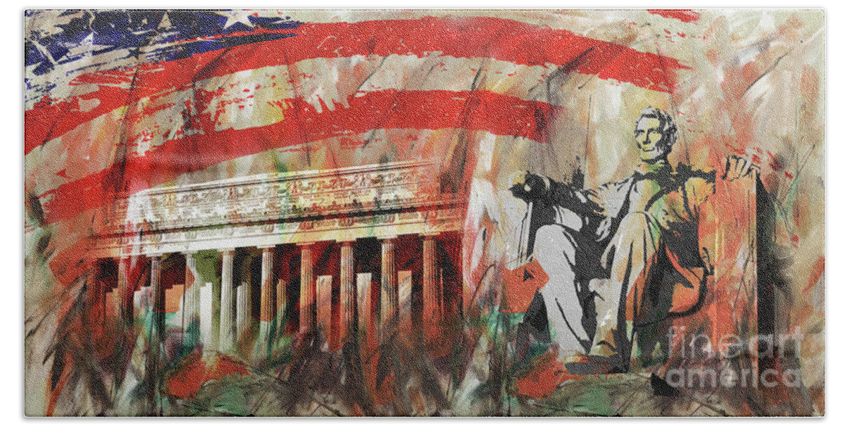 American Hand Towel featuring the painting Lincoln Memorial and Lincoln statue by Gull G