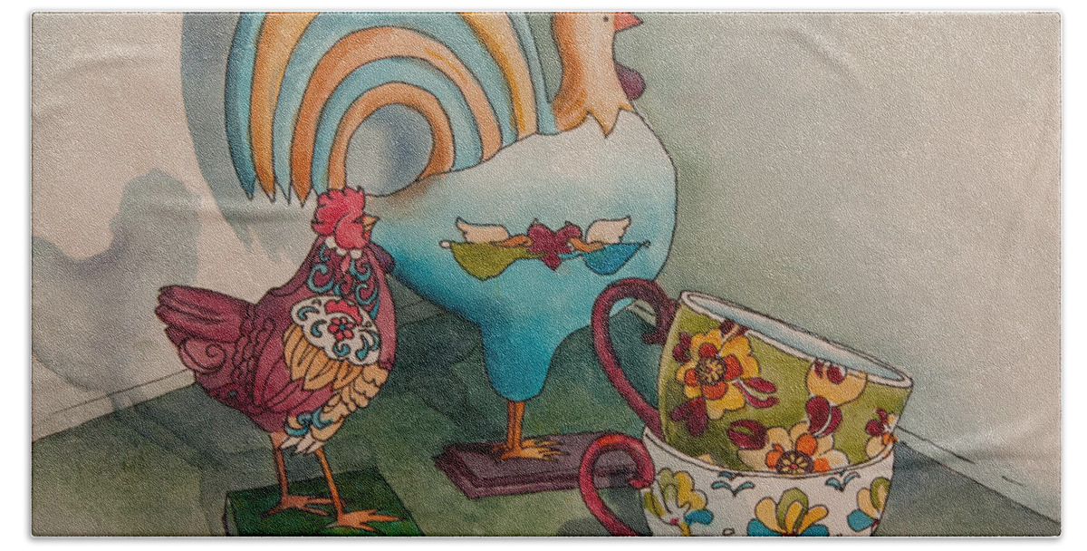Still Life Bath Towel featuring the painting Linda's Chickens II by Heidi E Nelson
