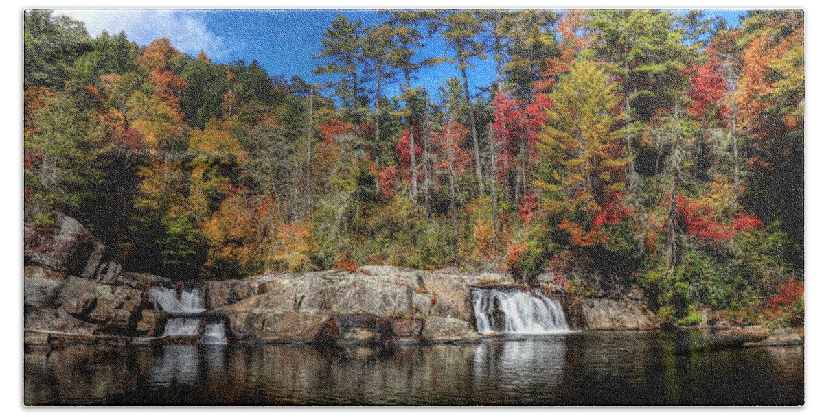 Linville Upper Falls During Fall Bath Towel featuring the photograph Linville Upper Falls During Fall by Carol Montoya