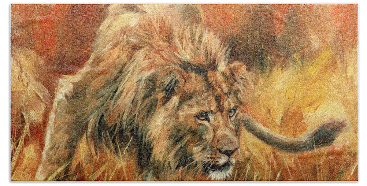 Lion Bath Towel featuring the painting Lion Alert by David Stribbling