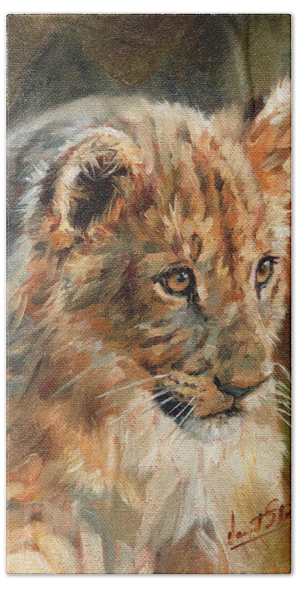 Lion Hand Towel featuring the painting Lion Cub Portrait by David Stribbling