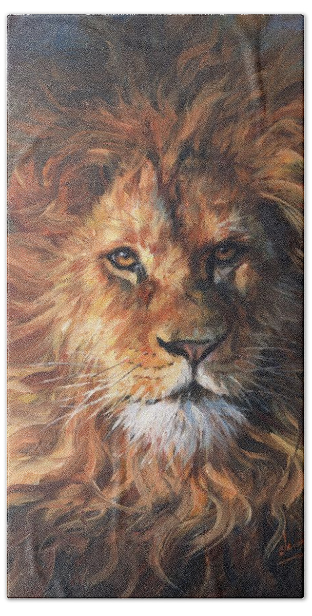 Lion Hand Towel featuring the painting Lion Portrait by David Stribbling