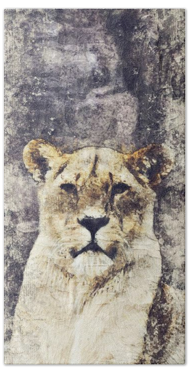 Animal Bath Towel featuring the painting Lioness, the queen of the forest by Adam Asar by Celestial Images