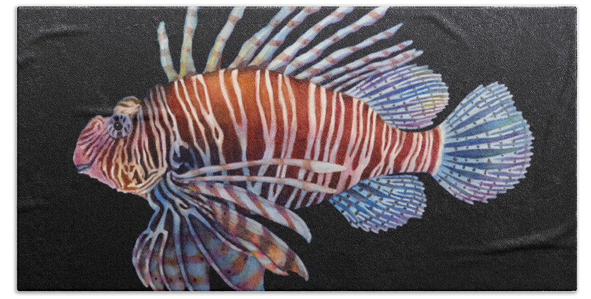 Lionfish Hand Towel featuring the painting Lionfish on Black by Hailey E Herrera