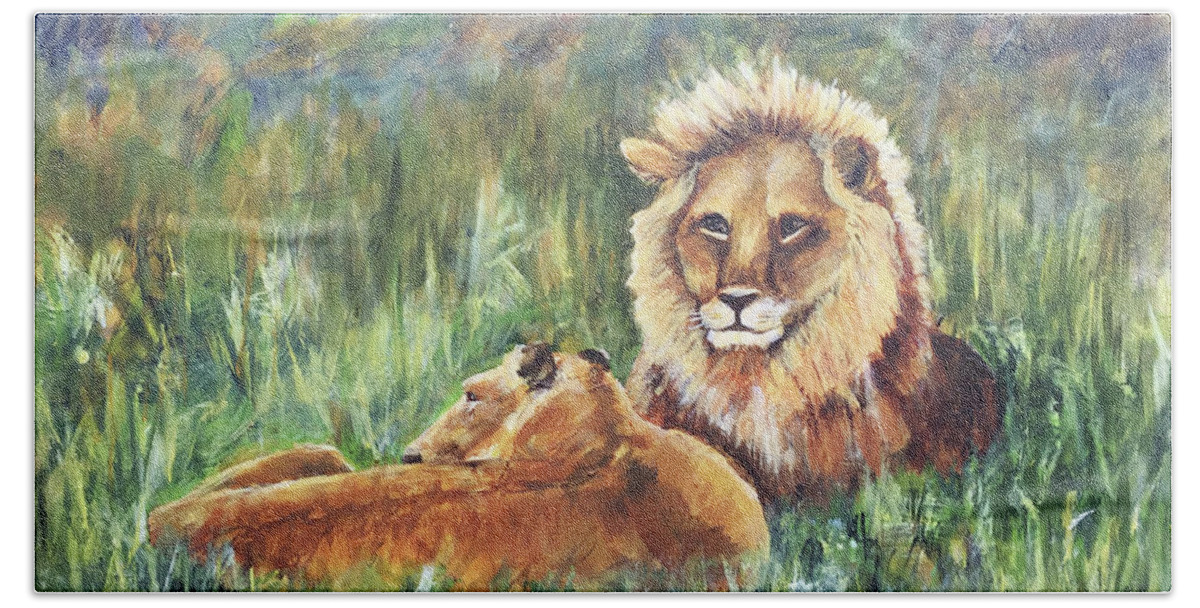 Lions Bath Towel featuring the painting Lions Resting by Janis Lee Colon