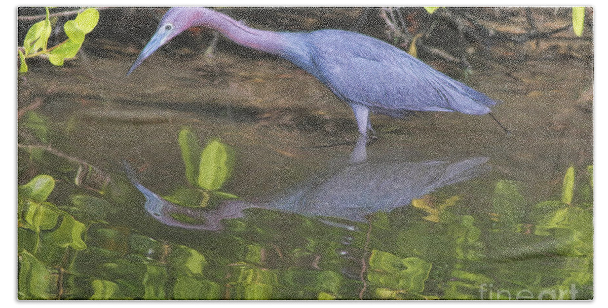 Heron Bath Towel featuring the painting Little Blue Fishing by Deborah Benoit