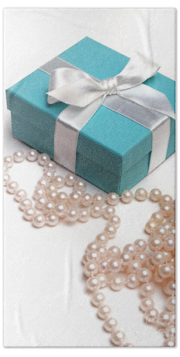 Anniversary Hand Towel featuring the photograph Little Blue Gift Box and Pearls by Amy Cicconi