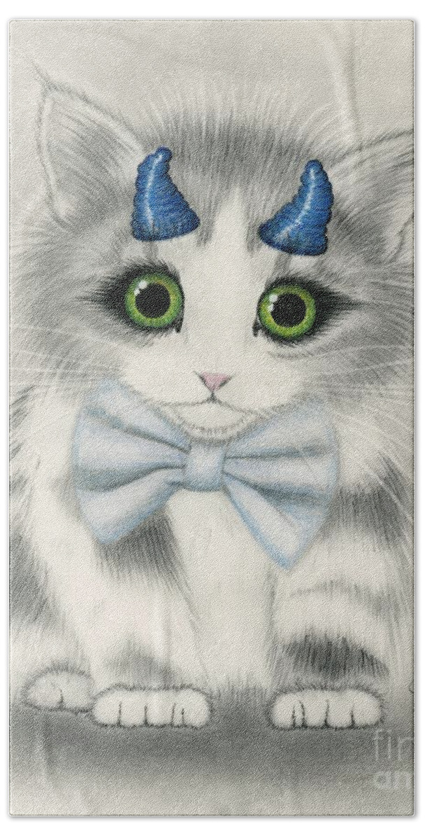 Cute Kitten Hand Towel featuring the drawing Little Blue Horns - Devil Kitten by Carrie Hawks