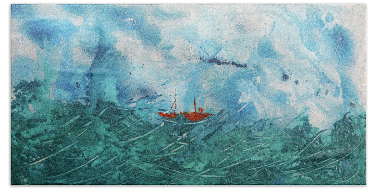 Boat Bath Towel featuring the painting Little Boat - Big Storm by Erik Tanghe