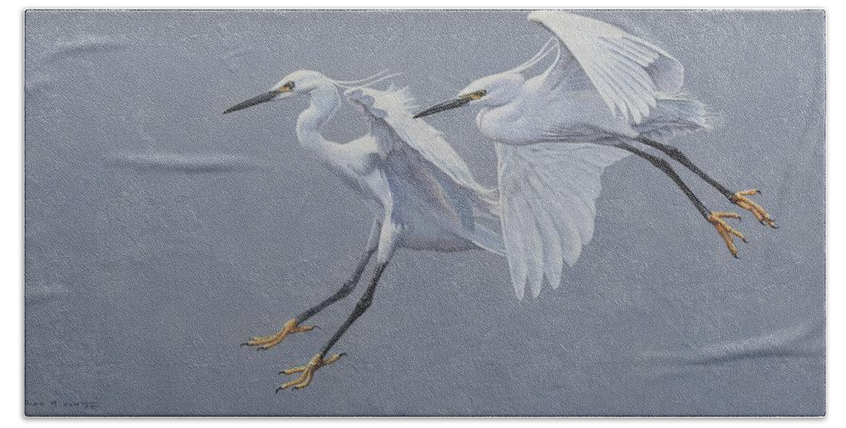 Wildlife Paintings Hand Towel featuring the painting Little Egrets in Flight by Alan M Hunt