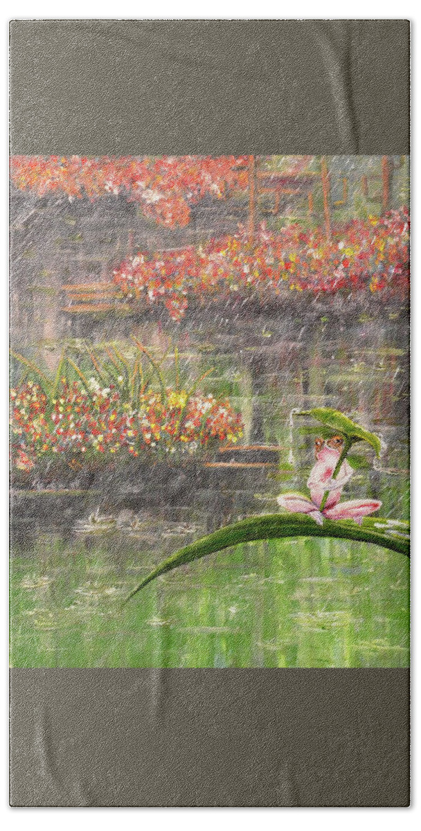 Art Hand Towel featuring the painting Little Frog in the Rainy Pond by Medea Ioseliani