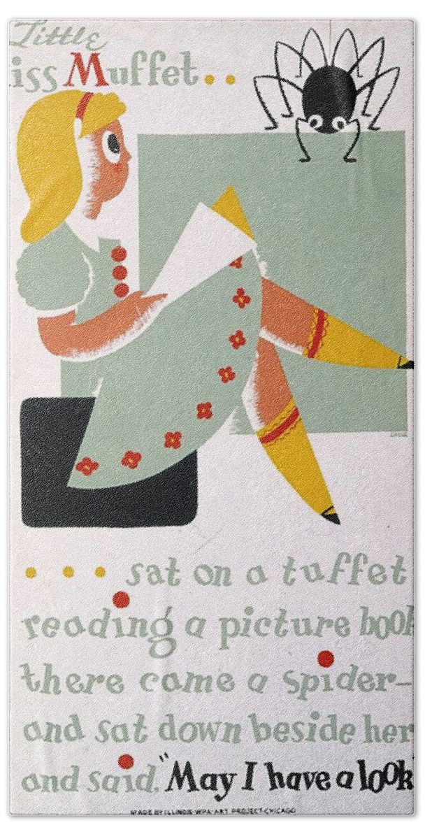 Little Miss Muffet Hand Towel featuring the mixed media Little Miss Muffet - 1940 - Vintage Advertising Poster by Studio Grafiikka