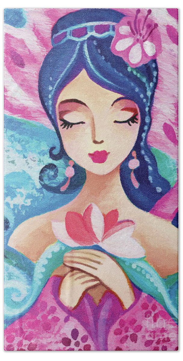 Sea Goddess Hand Towel featuring the painting Little Quan Yin Mermaid by Eva Campbell