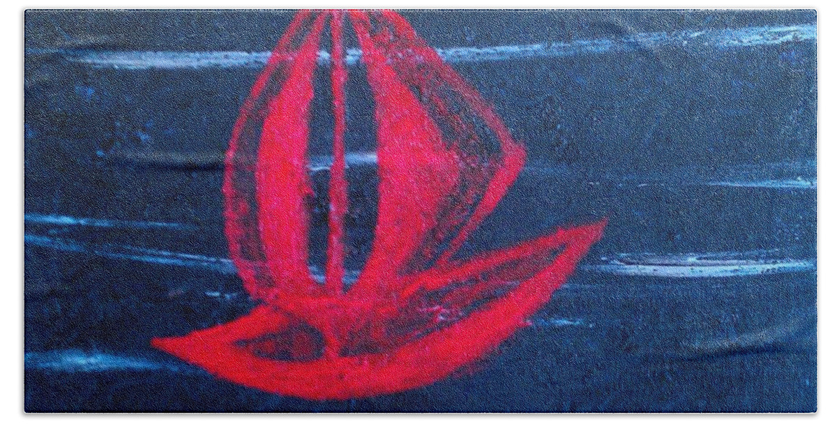 Little Red Boat Hand Towel featuring the painting Little Red Boat by Jacqueline McReynolds