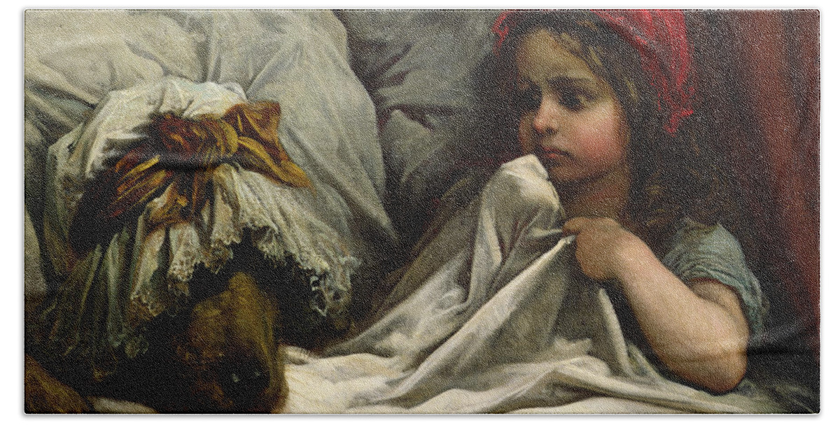 Wolf; Disguise; Child; Girl; Fairy Tale; Story; Glasses; Bed; Nightcap; Fear Hand Towel featuring the painting Little Red Riding Hood by Gustave Dore