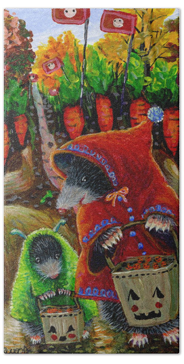 Mole Hand Towel featuring the painting Little Red Riding Mole and Little Green Monster Mole by Jacquelin L Westerman