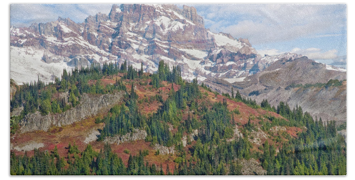 Autumn Bath Towel featuring the photograph Little Tahoma Peak and Stevens Ridge in the Fall by Jeff Goulden