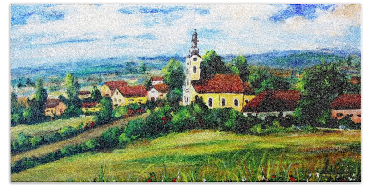Village Bath Towel featuring the painting Little village by Vesna Martinjak