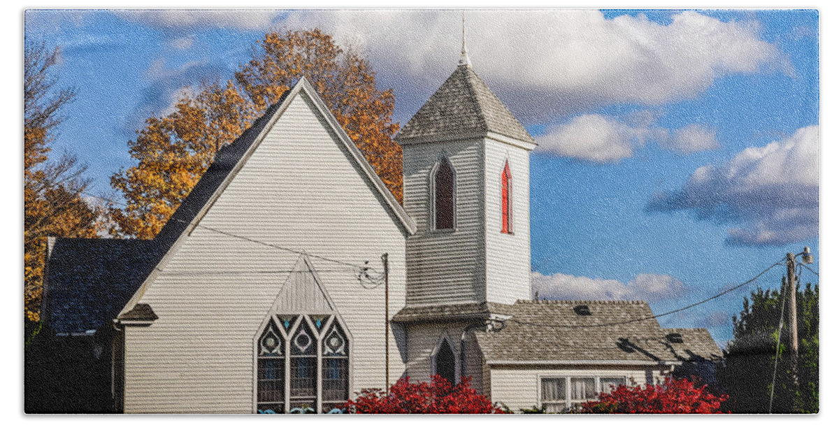 Little White Church Hand Towel featuring the photograph Little White Church by Grace Grogan