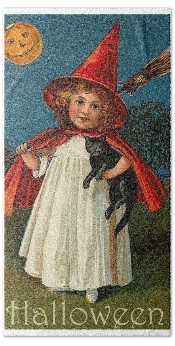 Little Witch Hand Towel featuring the mixed media Little witch girl at Halloween night by Long Shot