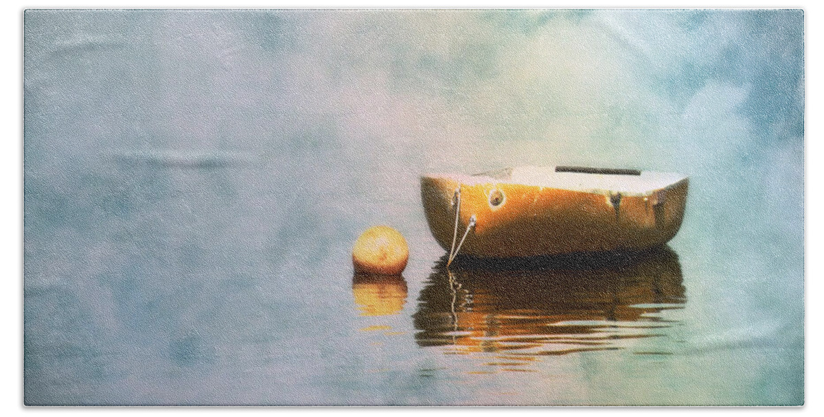 Little Yellow Boat Bath Towel featuring the photograph Little Yellow Boat by Micki Findlay
