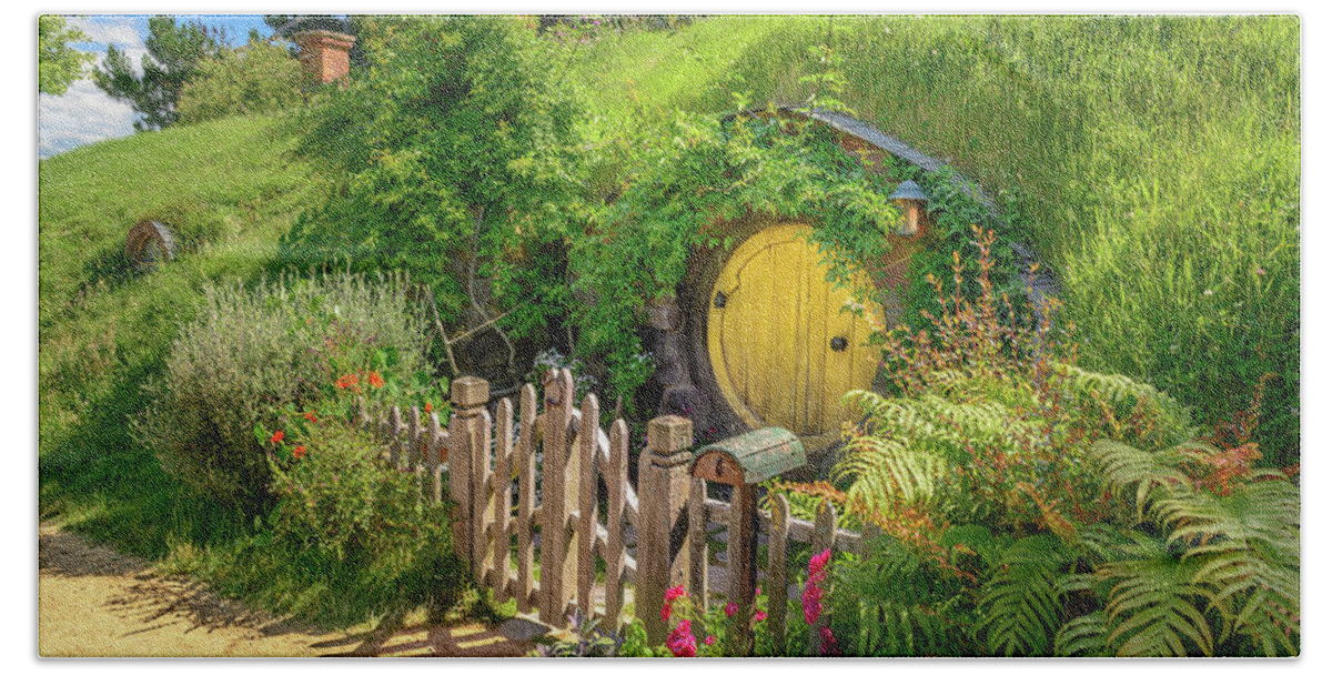 Hobbiton Hand Towel featuring the photograph Little Yellow Door by Racheal Christian