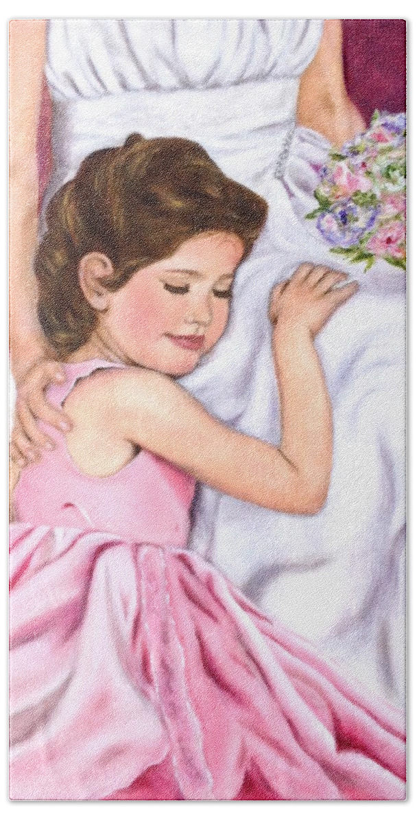 Child At Wedding Bath Towel featuring the painting Littlest Wedding Belle by Dr Pat Gehr