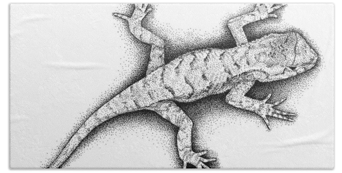 Lizard Hand Towel featuring the drawing Lizard by Scott Woyak