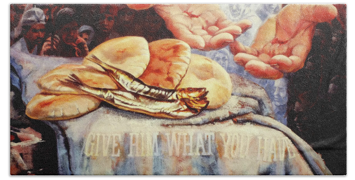 Christian Bath Towel featuring the painting Loaves and Fishes 2 by Graham Braddock