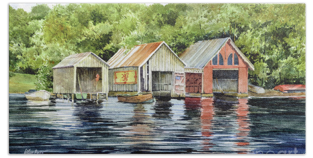 Scotland Hand Towel featuring the painting Lochness Boathouses by William Band