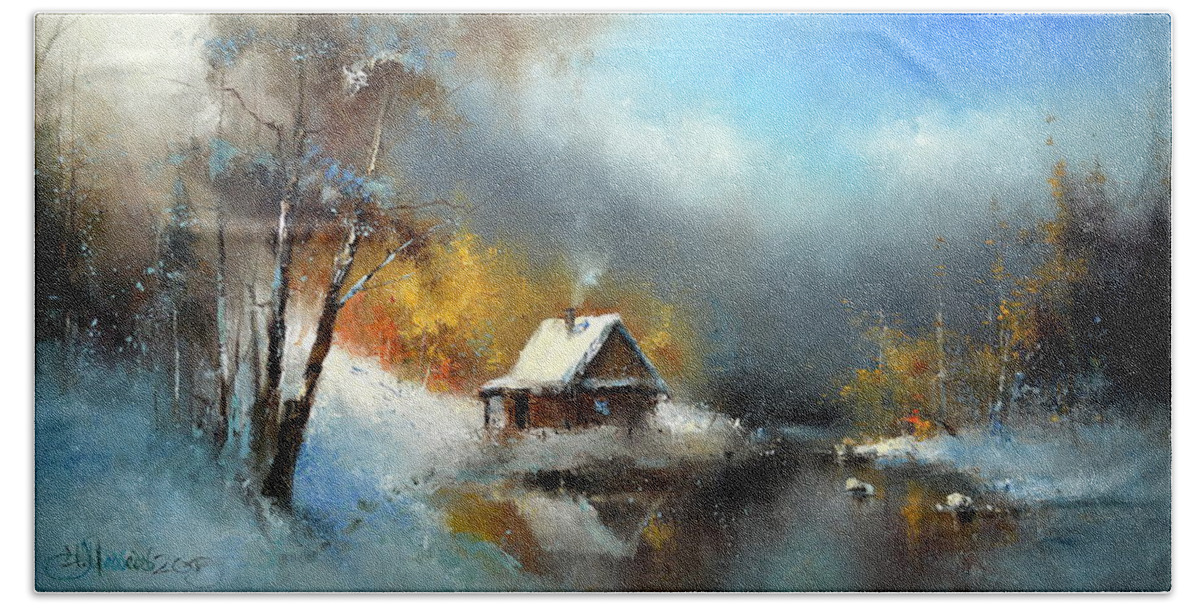 Russian Artists New Wave Bath Towel featuring the painting Lodge in the Winter Forest by Igor Medvedev