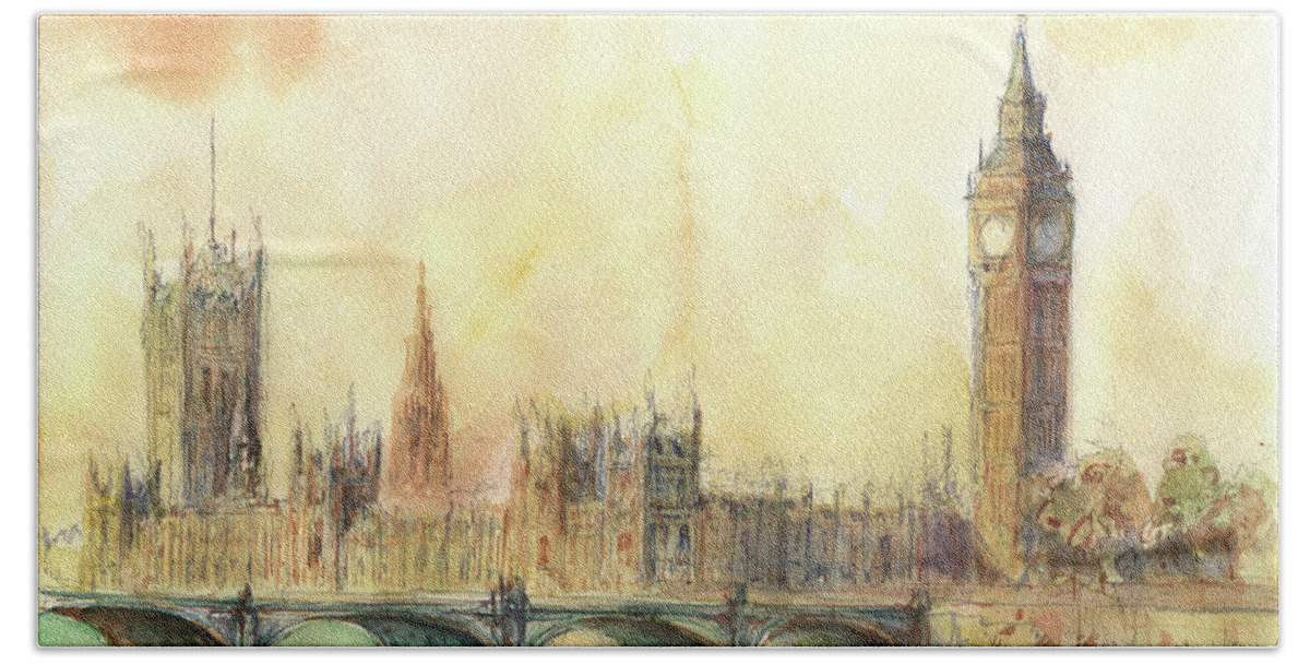 London Big Ben Hand Towel featuring the painting London Big Ben and Thames river by Juan Bosco