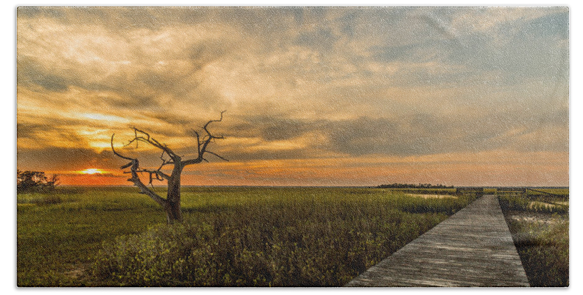 Dewees Island Bath Towel featuring the photograph Lone Cedar Dock Sunset - Dewees Island by Donnie Whitaker