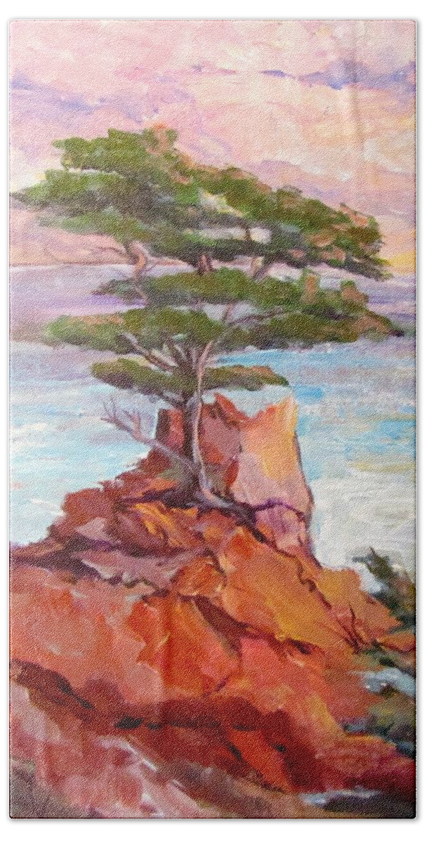 Tree Bath Towel featuring the painting Lone Cypress by Barbara O'Toole
