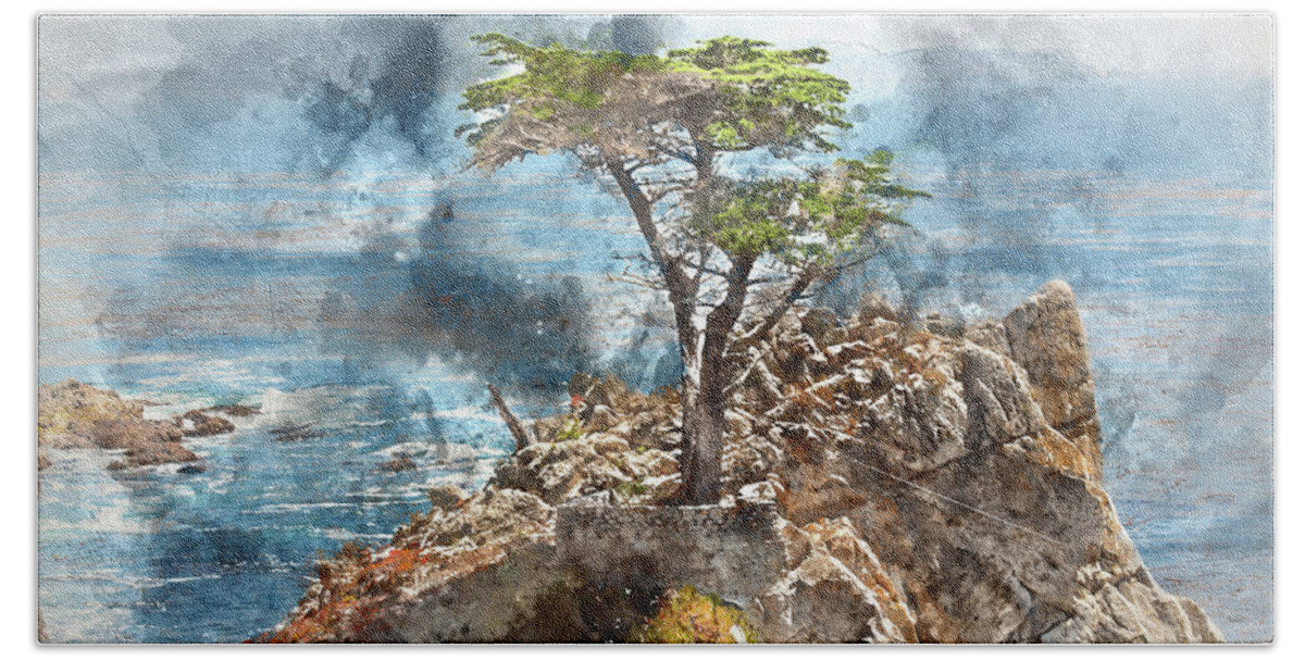 Green Bath Towel featuring the photograph Lone Cypress in Monterey California by Brandon Bourdages