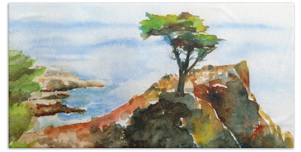 Lone Cypress Hand Towel featuring the painting Lone Cypress Pebble Beach Fog by Carlin Blahnik CarlinArtWatercolor