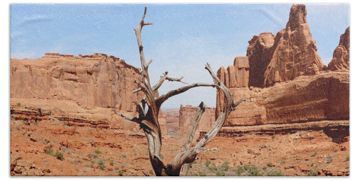 Red Rock Bath Towel featuring the photograph Lone Tree by Christy Pooschke