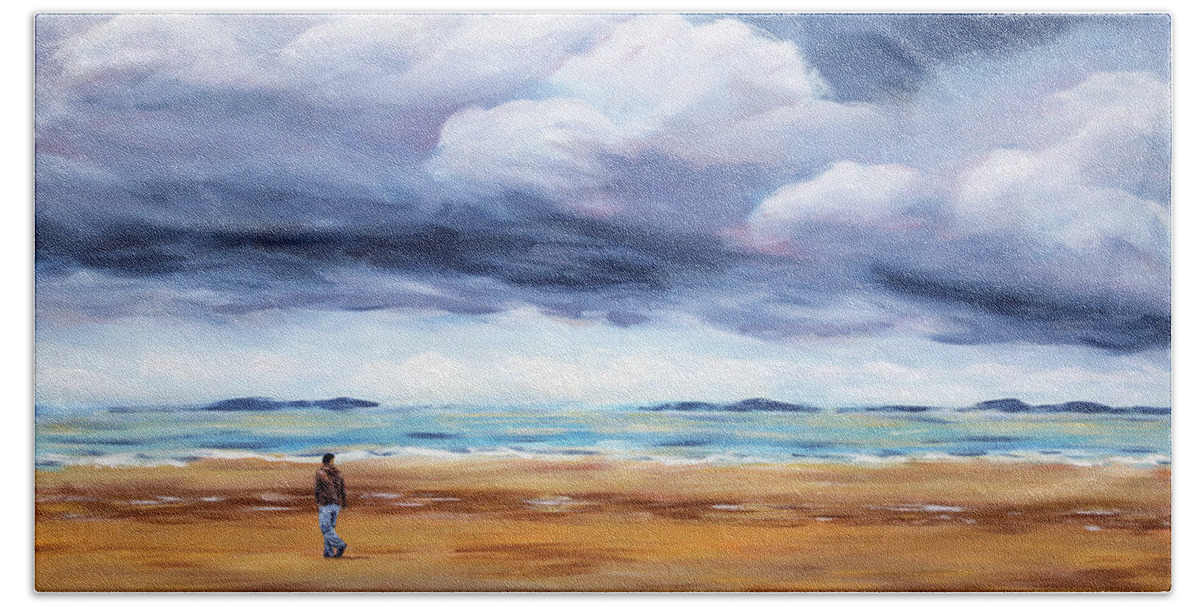 Beach Bath Towel featuring the painting Lonely beach walk acrylic painting by Karen Kaspar