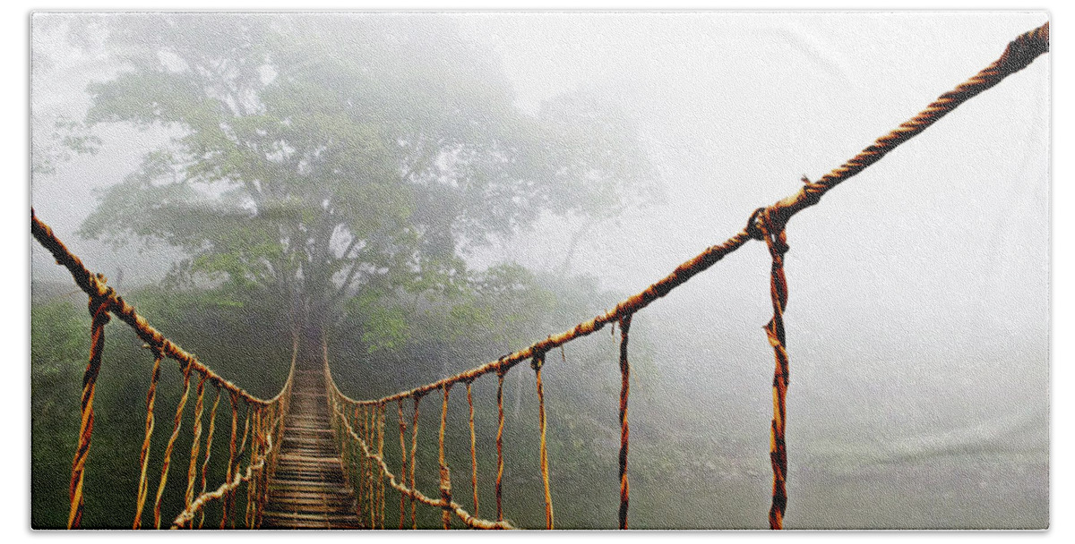Jungle Journey Bath Sheet featuring the photograph Long Rope Bridge by Skip Nall