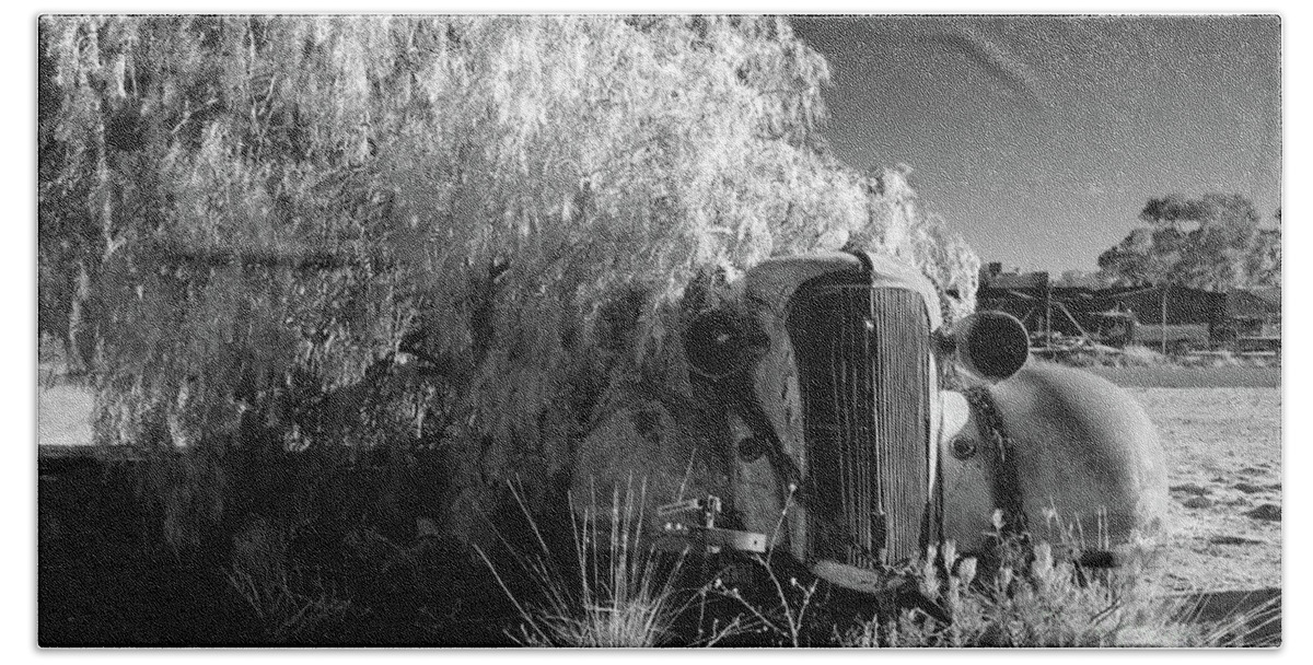 Broken Hill Nsw New South Wales Australian Old Car Pepper Tree Monochrome Mono B&w Black And White Bath Towel featuring the photograph Long Term Parking by Bill Robinson