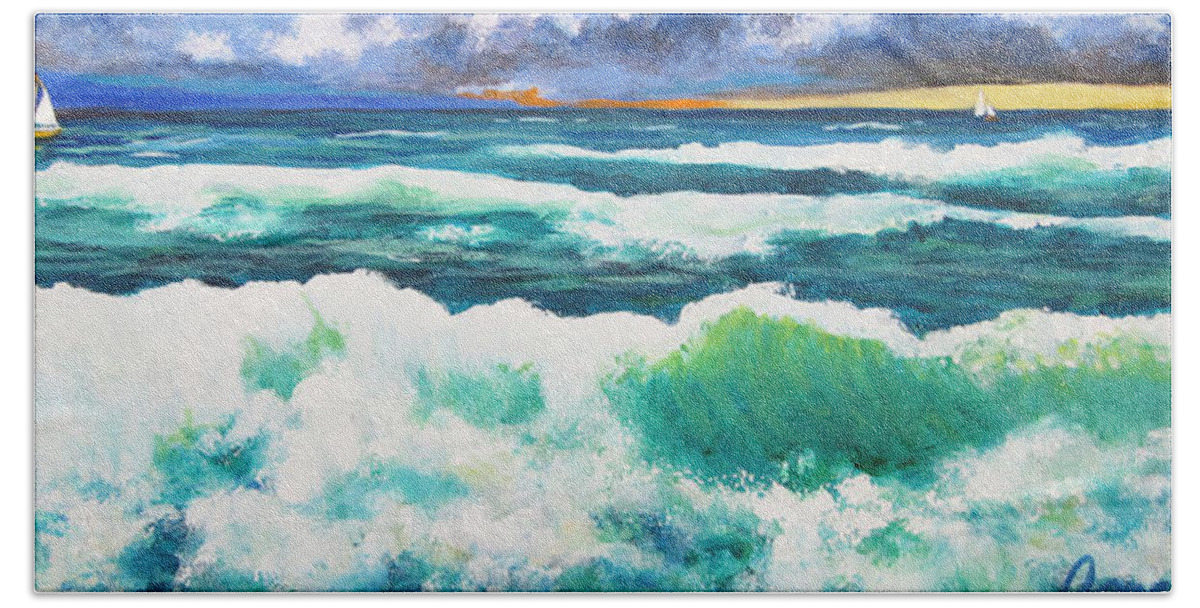 Ocean Bath Towel featuring the painting Long Thin Wave by Anne Marie Brown