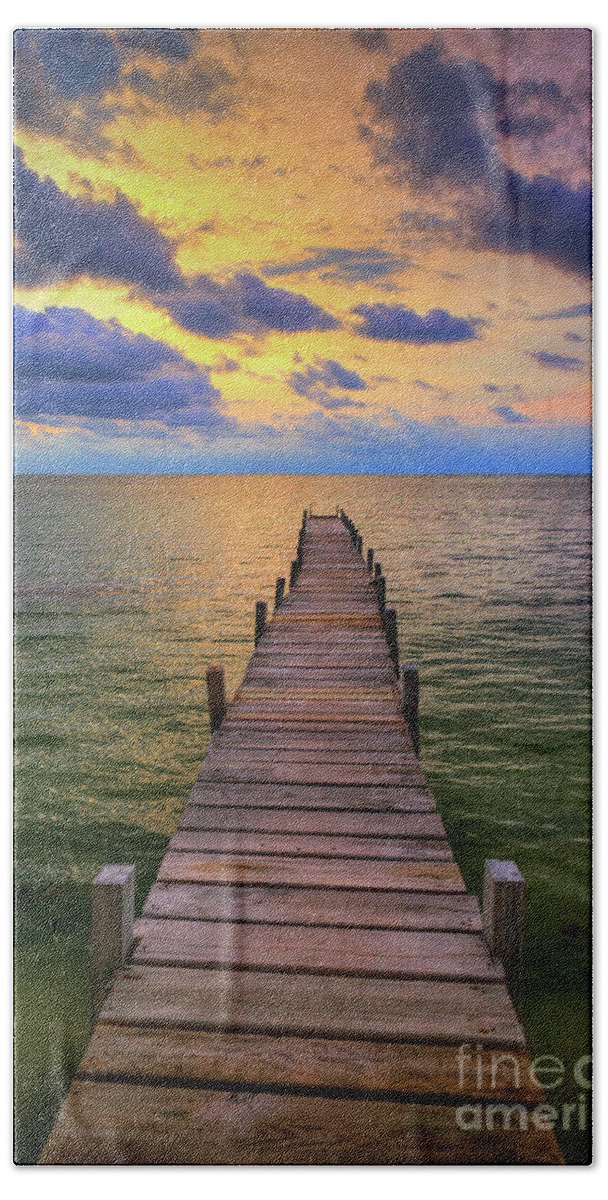 San Pedro Belize Bath Towel featuring the photograph Short Walk on a Long Pier by David Zanzinger