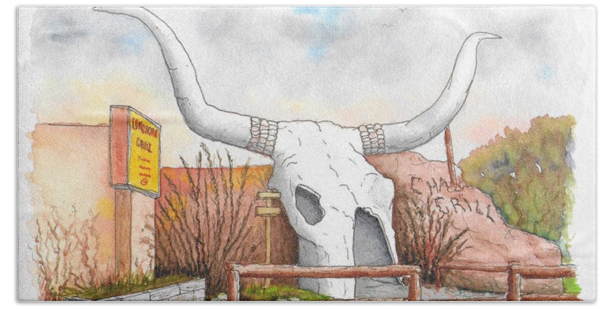Longhorn Grill Bath Towel featuring the painting Longhorn Grill and Restaurant, Amado, Arizona by Carlos G Groppa