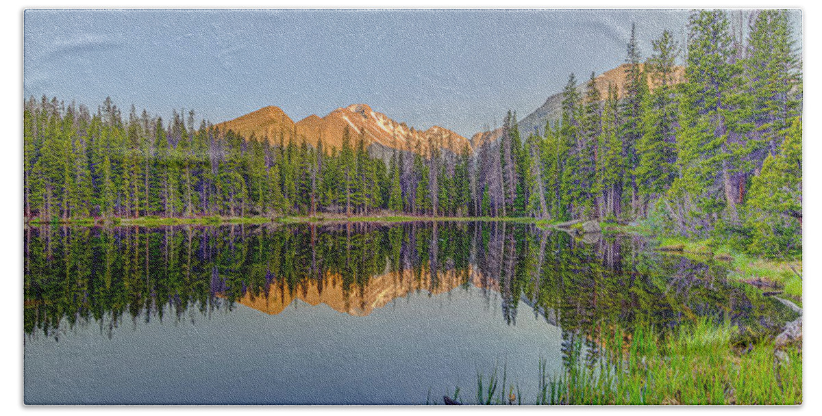 Lake Hand Towel featuring the photograph Longs Peak from Nymph Lake at Sunset by Fred J Lord