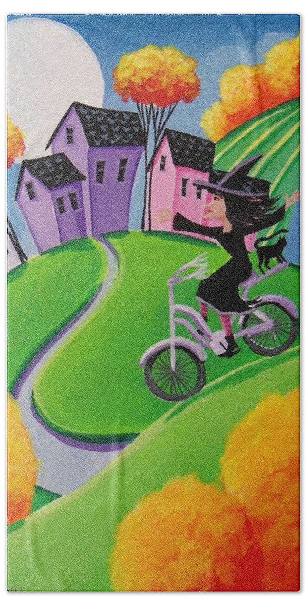 Witch Bath Towel featuring the painting Look No Hands  witch cat ridng bike by Debbie Criswell