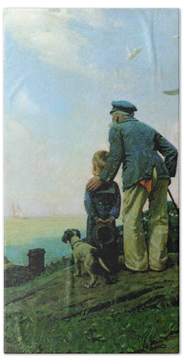 Norman Rockwell Hand Towel featuring the painting Looking Out To Sea by Norman Rockwell