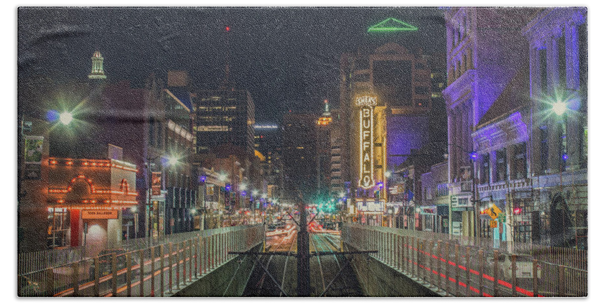 Buffalo Hand Towel featuring the photograph Looking south on Main Street in Buffalo at night by Jay Smith