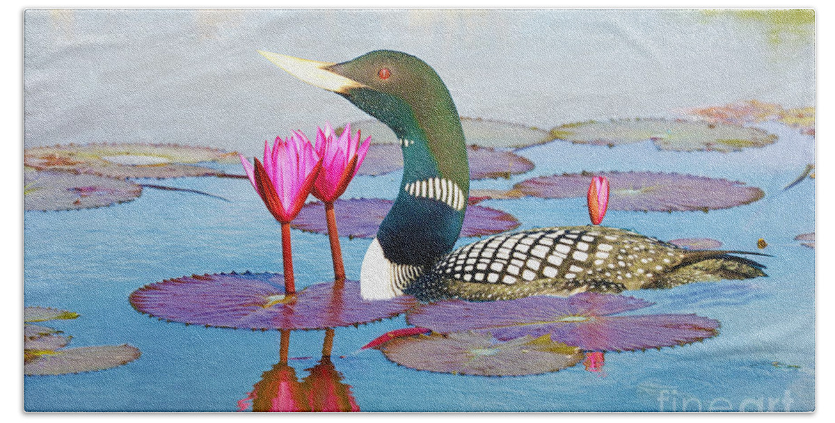 Yellow Billed Loon Hand Towel featuring the photograph Loon and Lotus by Laura D Young